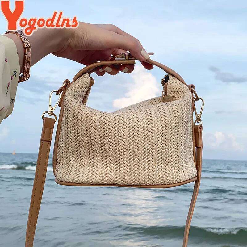 Women's Bags Designer Yogodlns Summer Small Straw Handbag Trendy Shoulder Woven Bucket Crossbody Casual Seaside Beach Bag Gilrs Handle Tote