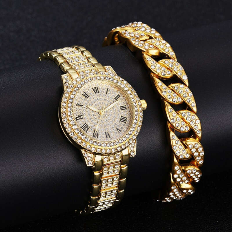 Roman Dial Steel Band Starry Sky Elegant Business Quartz Hip Hop Style Full Diamond Bracelet Watch Set