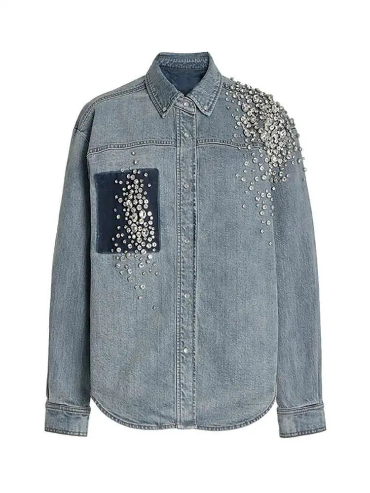 DEAT Womens Denim Shirt Patchwork Single Pocket Panelled Loose Long Sleeve Diamonds Blouse 2025 Summer Fashion 29L2946 250523