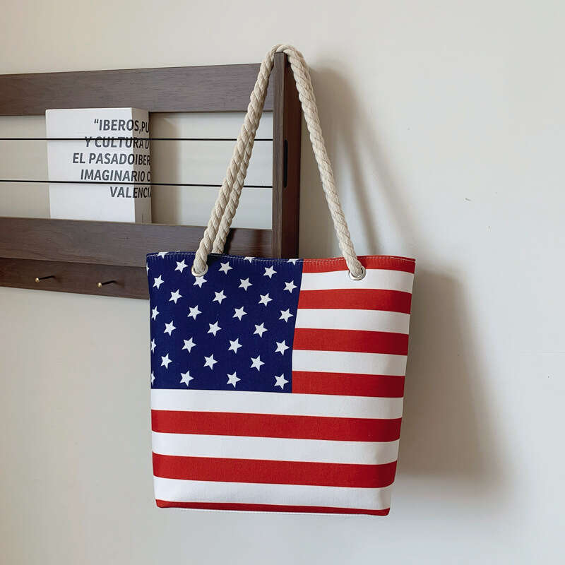 2025 New Canvas Print Single Shoulder American Flag Fashion Large Capacity Tote Bag with Thick Rope Handle
