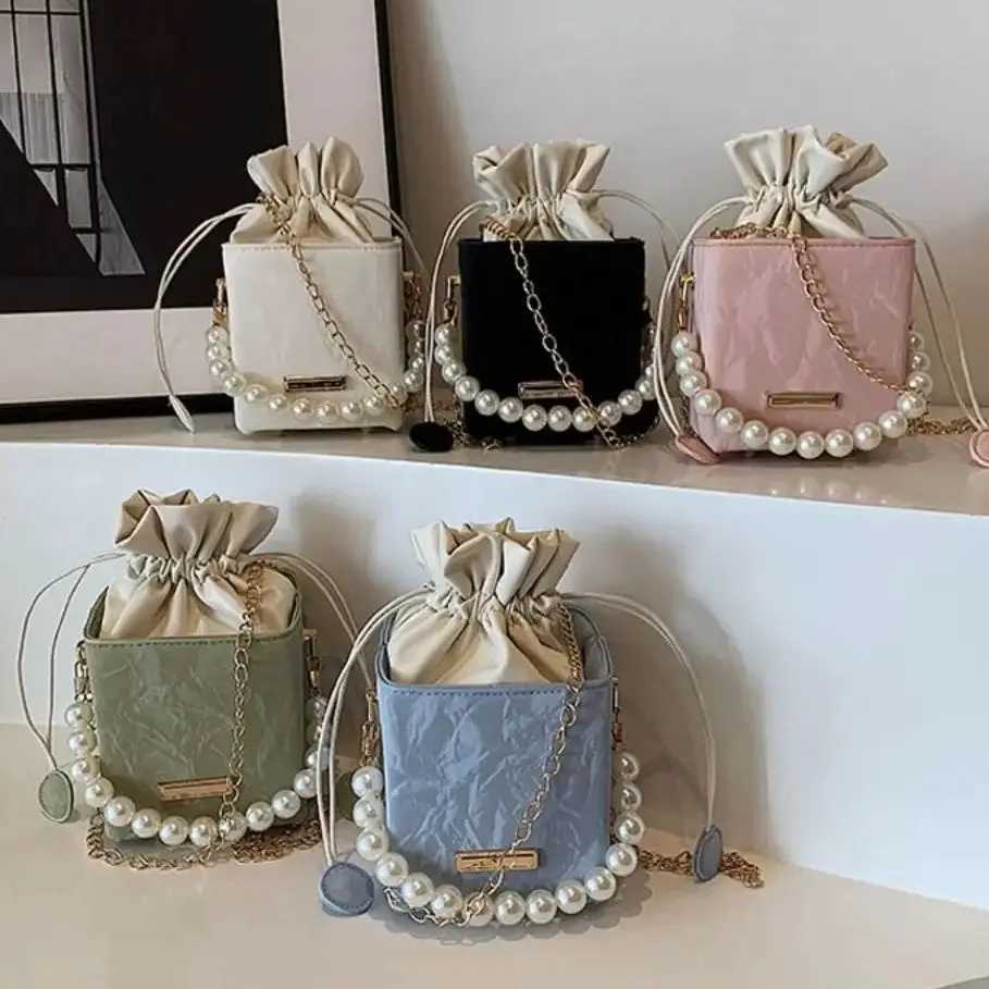 Pearl Waist Bag Fashion Chain Handbag Gifts All-match Drawstring Handbag Vintage Shoulder Crossbody PU Leather Small Square Bag W250527