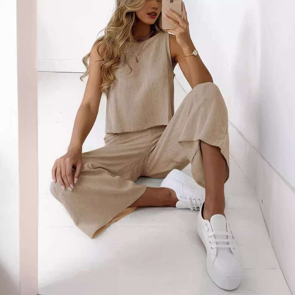 2025 New Cotton Linen Women's Summer Casual Sleeveless Top Wide-leg Pants Two-piece Set