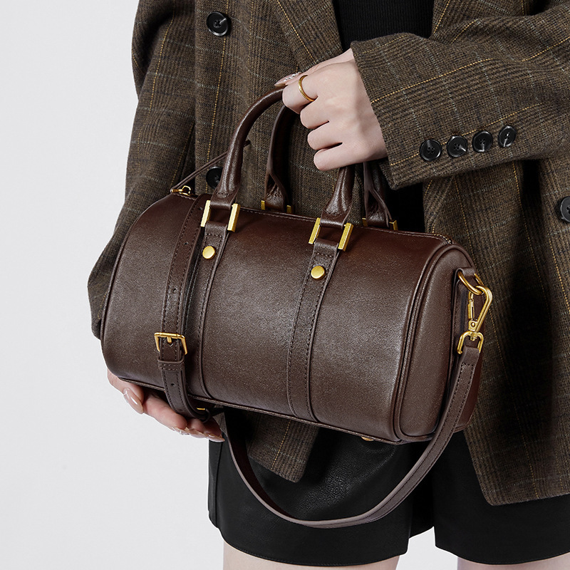 Real Leather Maillard Women's Handbag Light Luxury Western Style Boston Designer Bag Plant Tanned Cowhide Single Shoulder Crossbody Bag