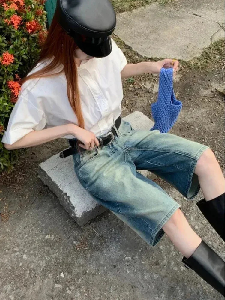 Summer Women Retro Nostalgic Washed Denim Straight Leg Shorts Fashion Street Wear Loose Fitting Womens Versatile Jeans 250516Z