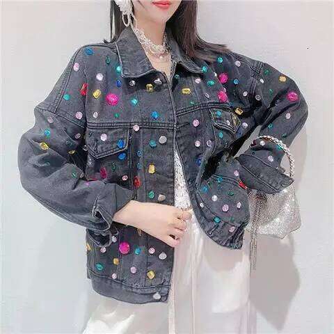 Long Sleeve Streetwear Denim Jacket Spring Women's Sweet Rainbow Dia Design Single Breasted Loose Outerwear