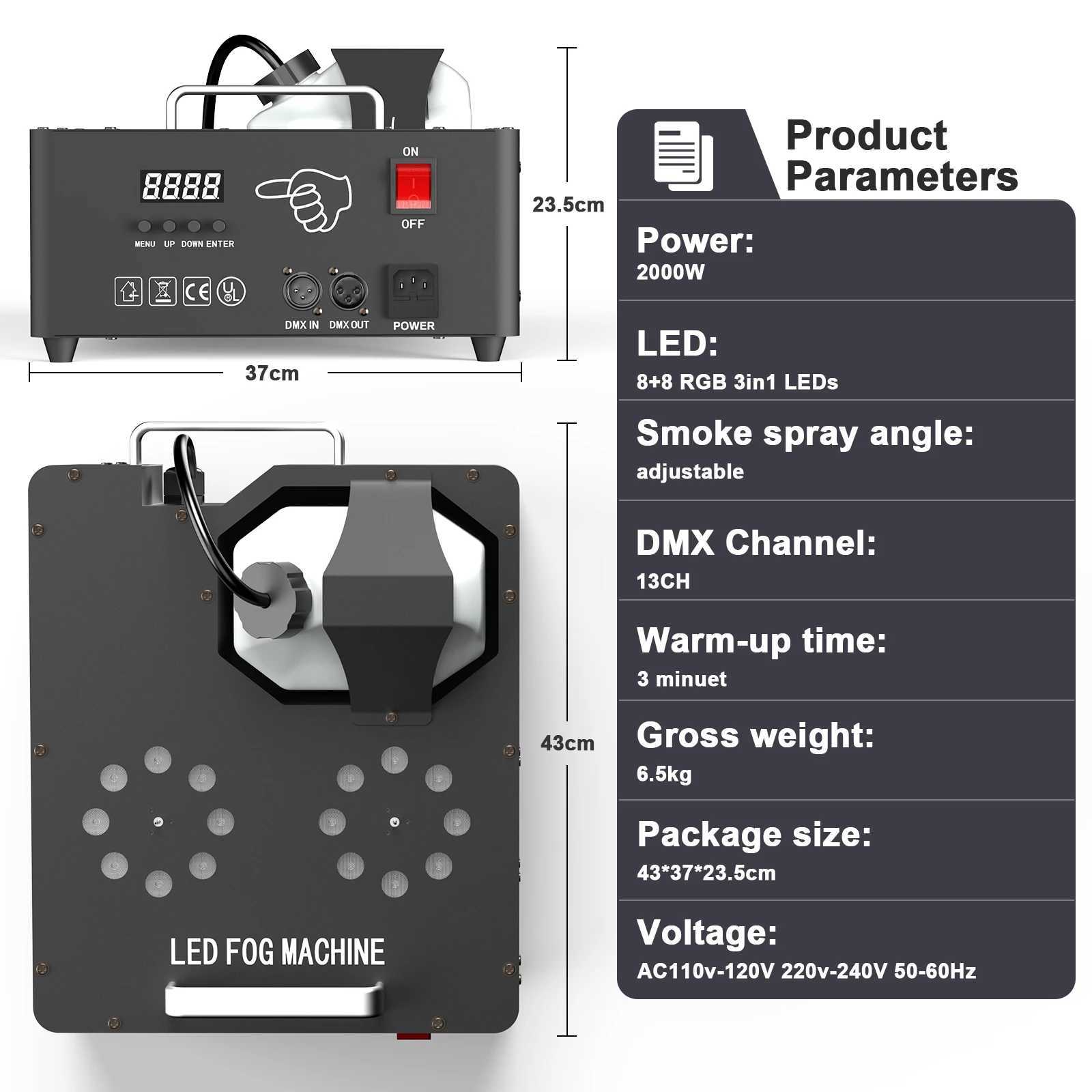 Fieryzeal 2000W Double-tube Adjustable Fog Machine DMX512 RGB 3in1 LED 13CH Smoke Machine Stage Colorful Spray for Party Banquet XJ250527
