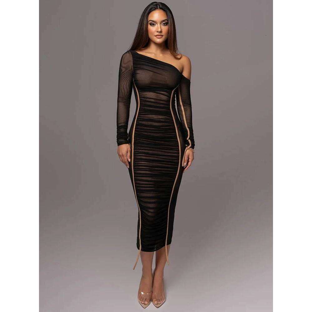 Mozision Diagonal Collar Sleeve Midi For Women Two Layer Mesh Backless Ruched Bodycon Club Party Sexy Long Dress