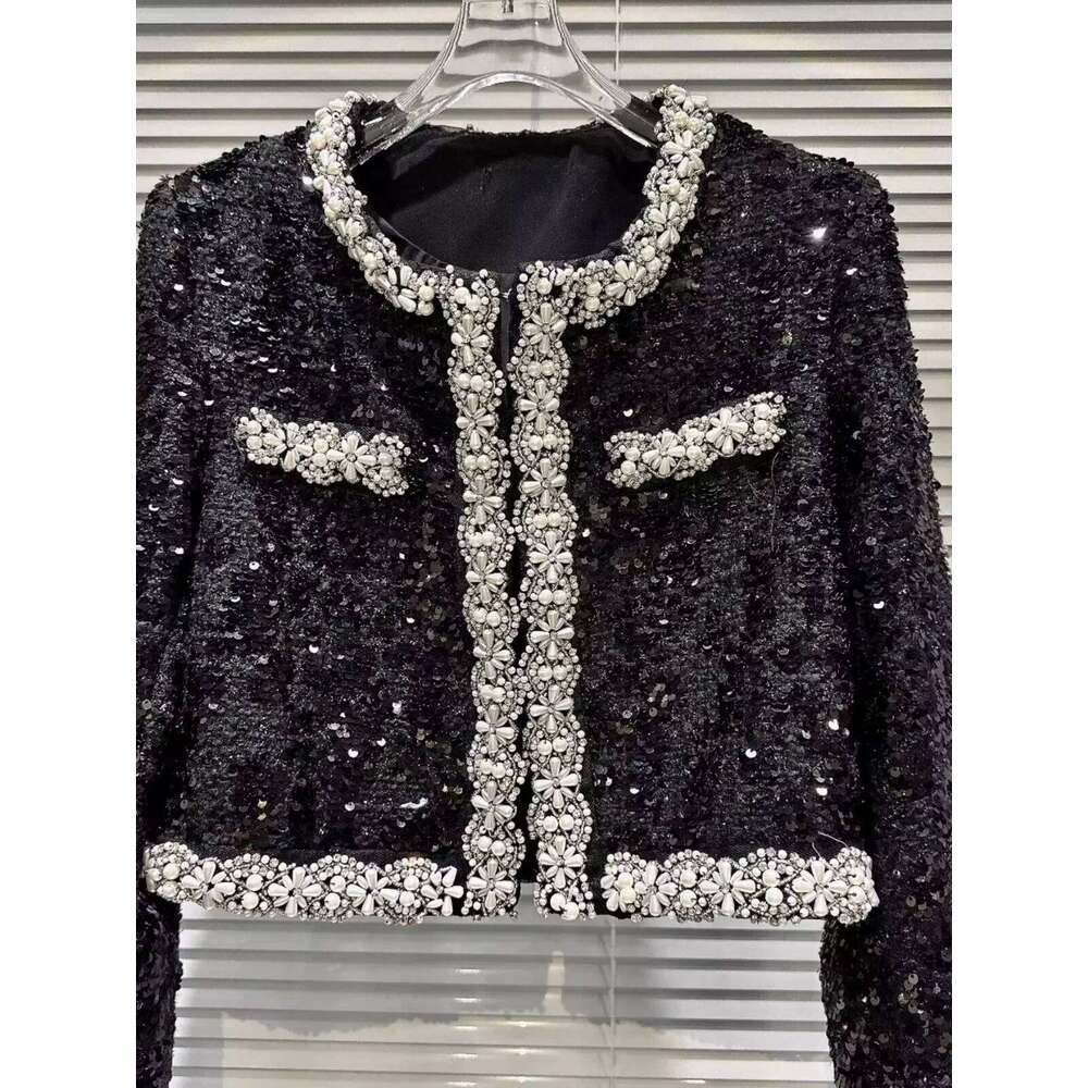 Female 2024 Autumn And Winter New Small Fragrant Socialite Jackets Ostrich Hair Cuffs Rhinestone Beaded Edge Short Coats