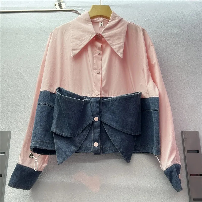 DEAT Womens Shirt Loose Patchwork Denim 3d Bow Single Breasted Drawstring Short Loose Blouse Summer 2025 Fashion 29L9126 250523