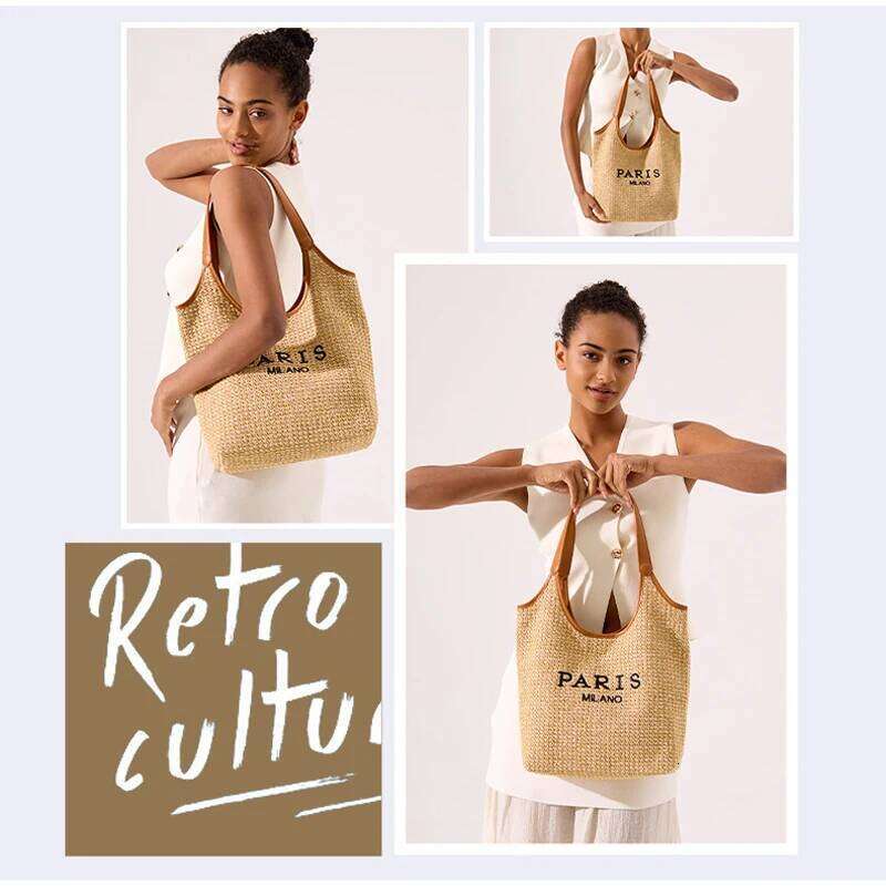 Women's Bags Designer Brand Mother-And-Child Beach High Quality Splicing Letter Printed Shoulder Women Woven Straw Bucket Tote Bag