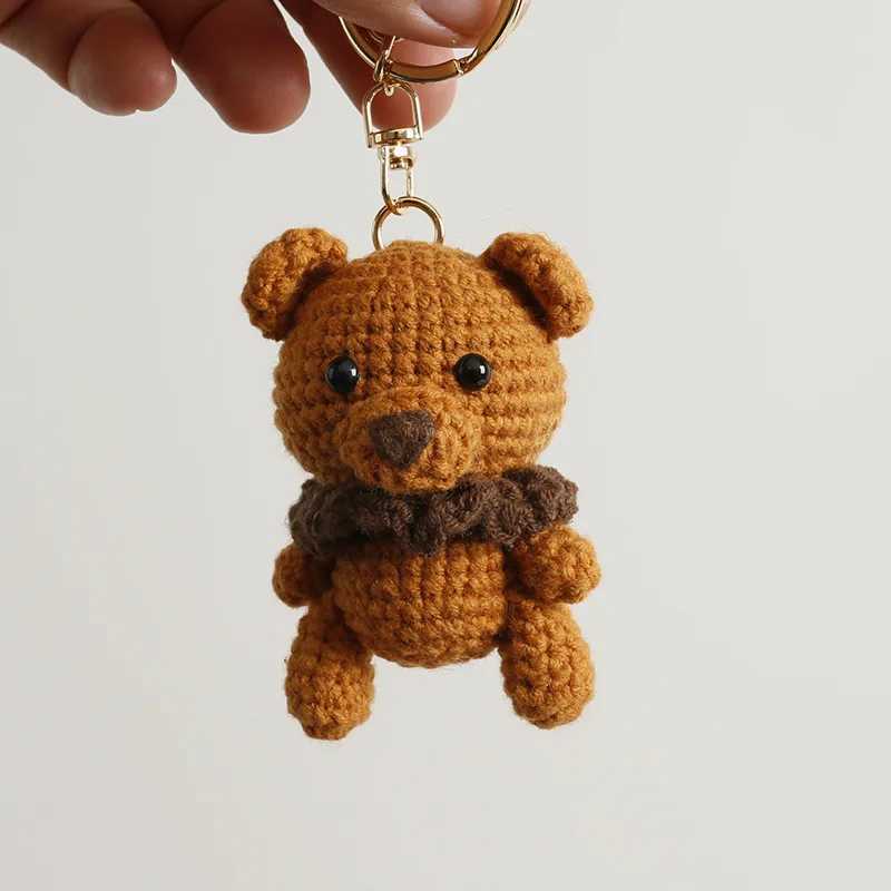 Cute Brown Bear Doll Crochet Keychain Creative Knitting Bow Knot Small Bear Keychain For Bag Pendant Knitted Doll Accessories W250526