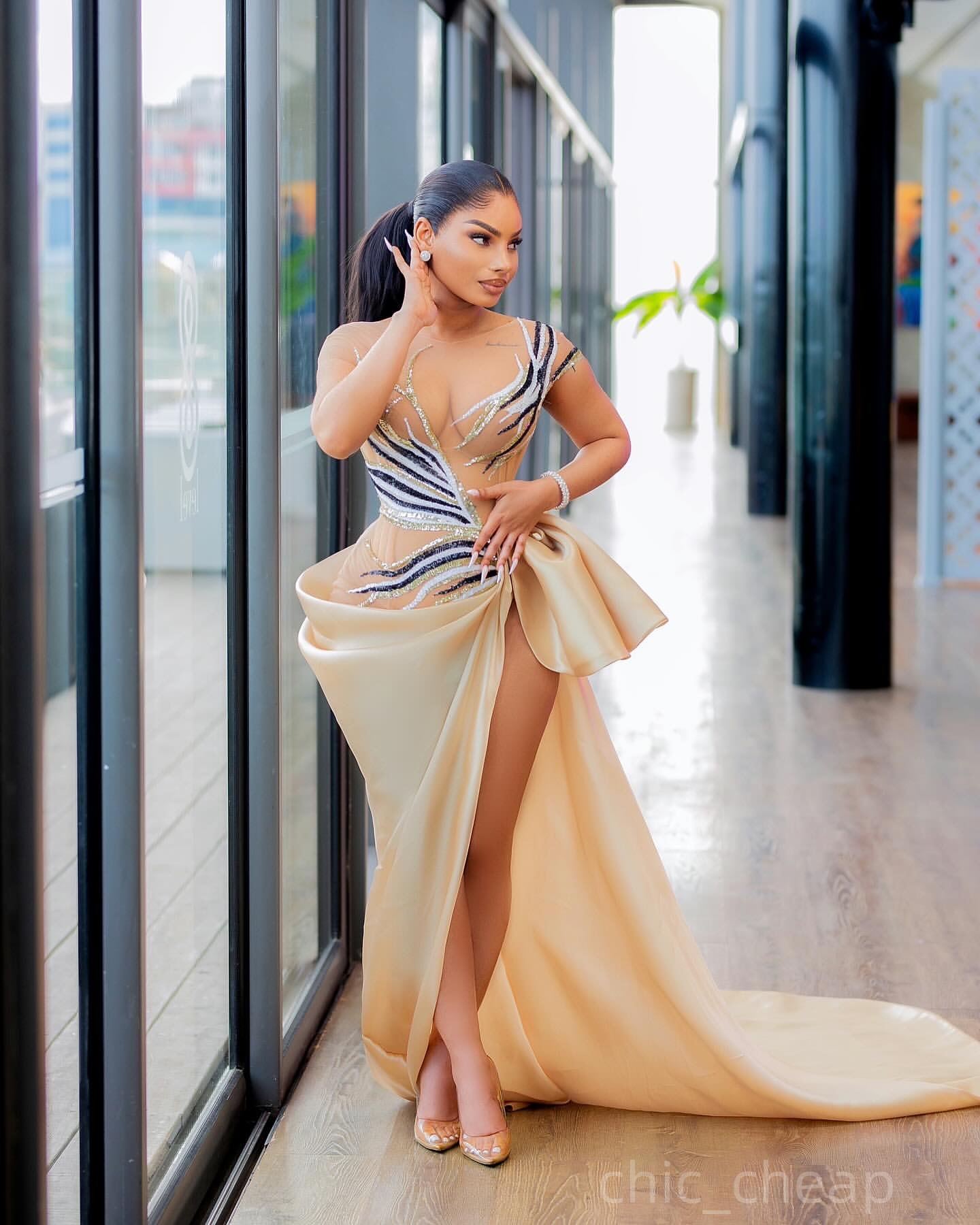Champagne Mermaid Prom Dresses 2025 Organza Sequined High Split Evening Formal Party Second Birthday Engagement Gowns Plus Size Dress For Special Occa