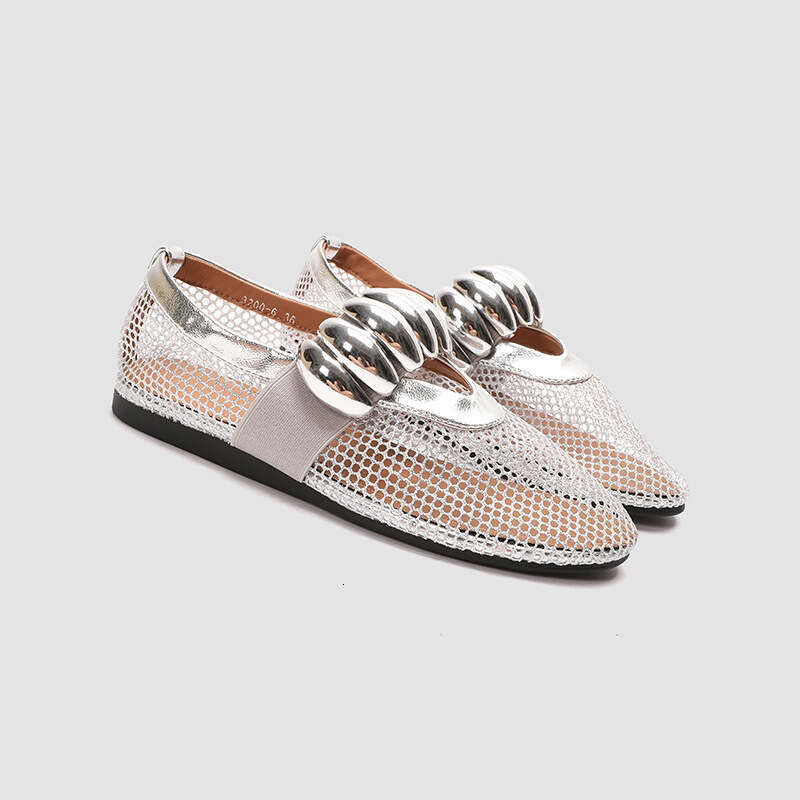 2025 Metal Buckle Elastic Mesh Ballet Flat Slip-On Large Size Mary Jane Women Shoes