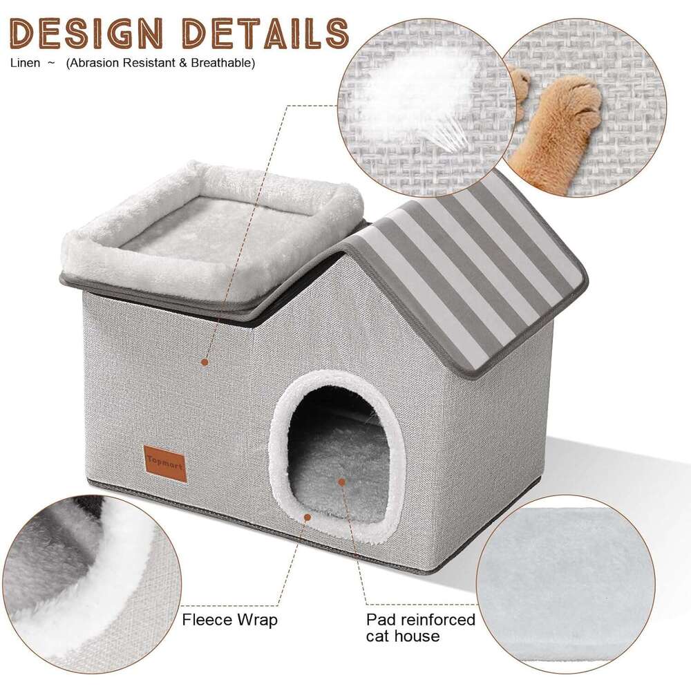 Topmart Cat House With - Large Indoor Condo, 2-in-1 Pet Bed for Kittens and Small Cats, Grey