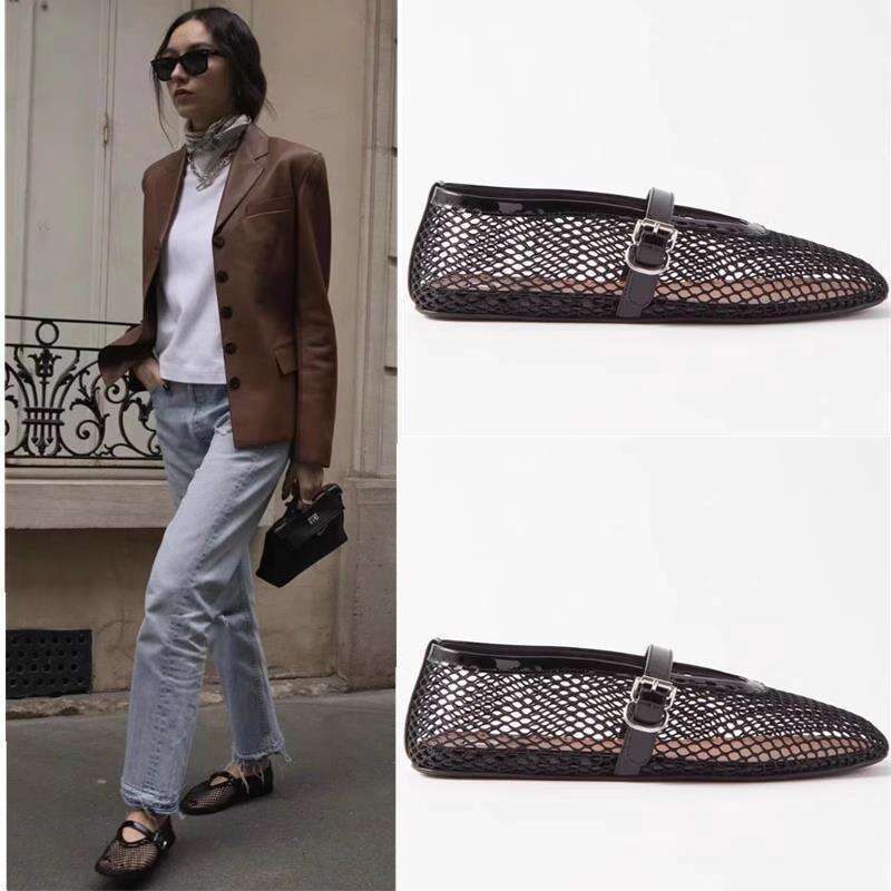French Style Hollow Mesh Sandals for Women Summer Outdoor Round Toe Flat Ballet One-Strap Shallow Mouth Mary Jane Single Shoes