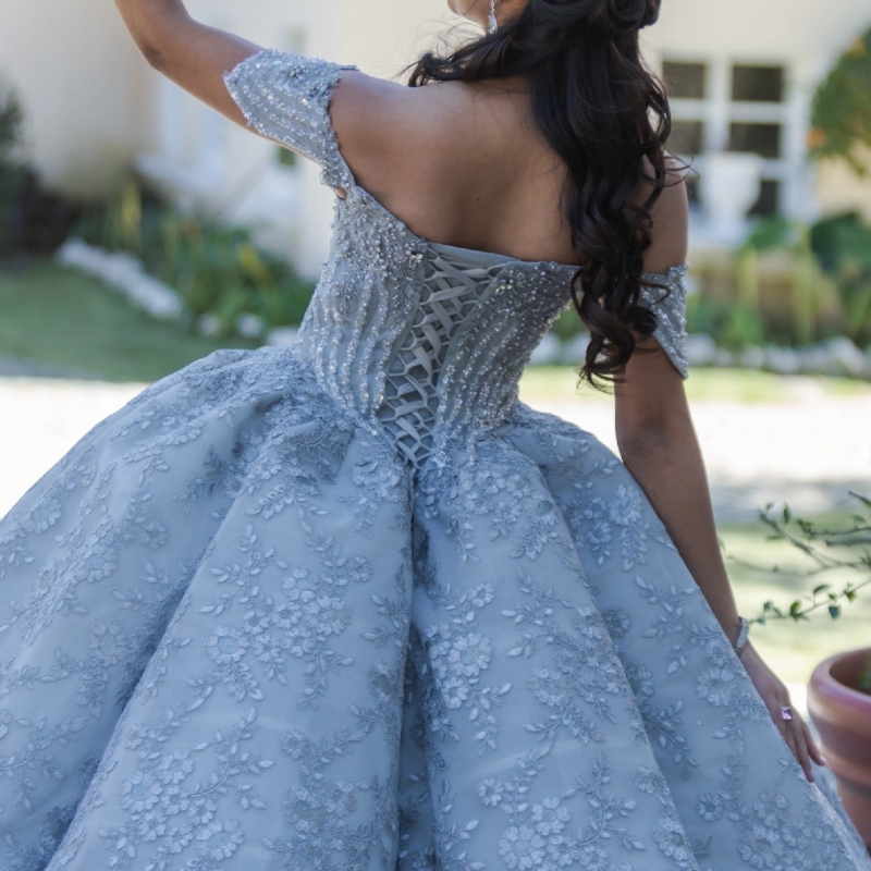Blue Quinceanera Dresses Ball Gown Off The Shoulder Applique Lace Beading Tull Party Birthday Sweet 16 Dress Vestidos 15 Anos