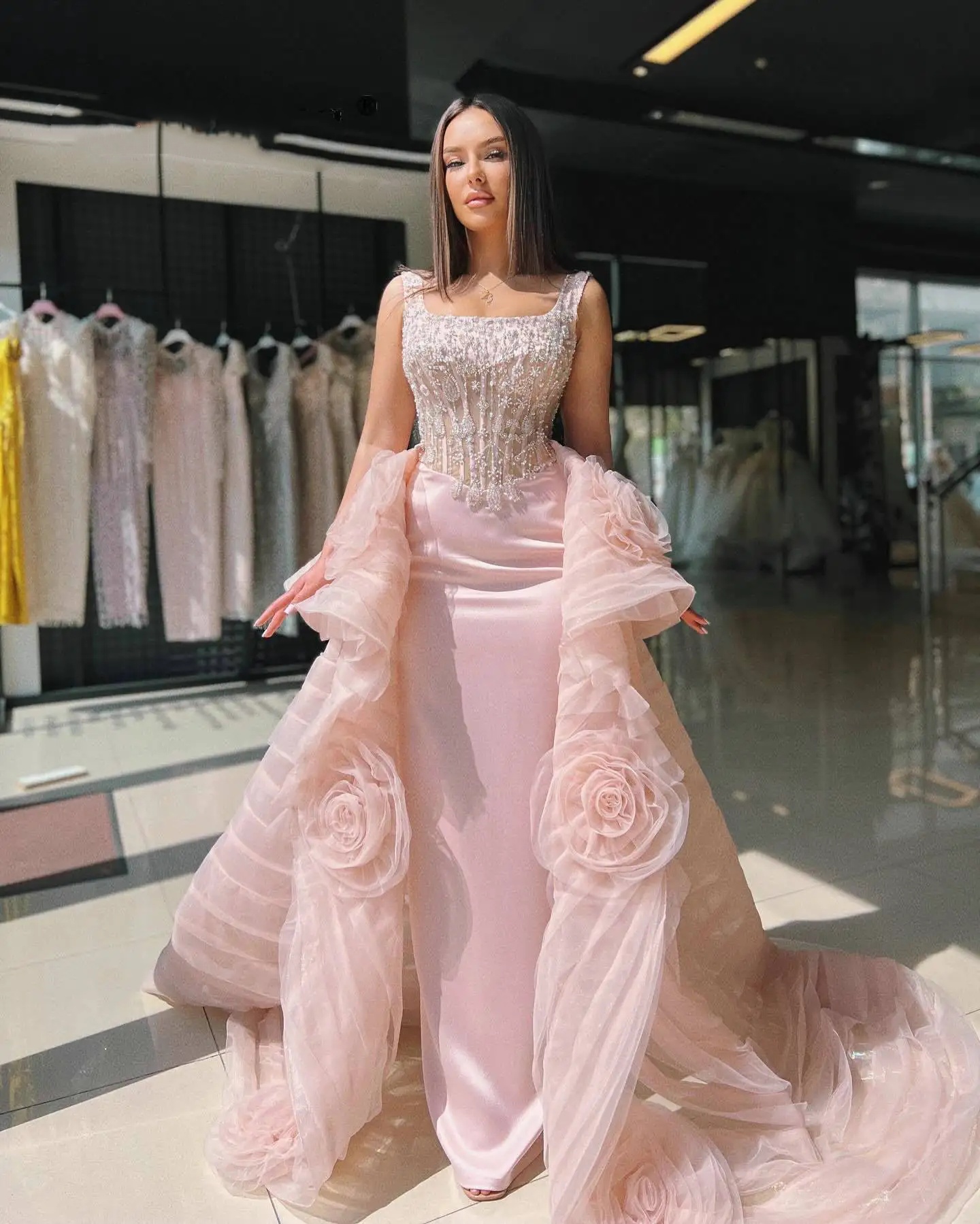 Designer Evening Dresses For Women Square Neck Sleeveless Gown Sequins Detachable Train Dress Party Customized Dress