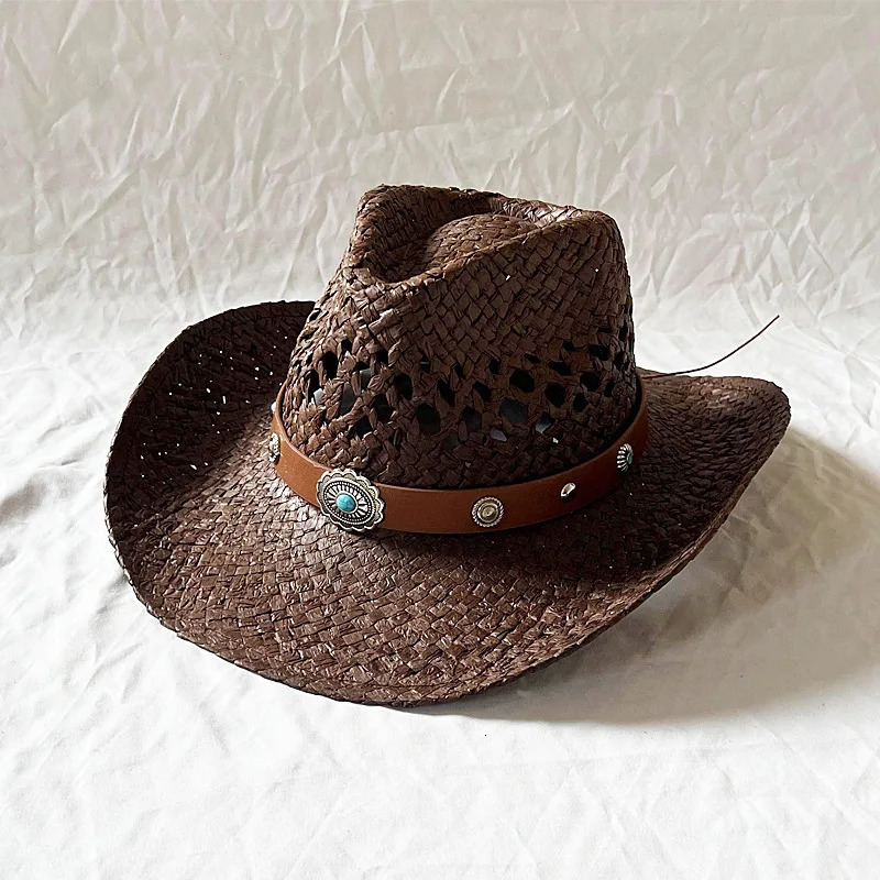 Handmade Summer Straw Hat Womens Mens Hollow Cowboy Hats Punk Large Brim Hat Western Beach Boho Straw Hat Holiday Cap 250526