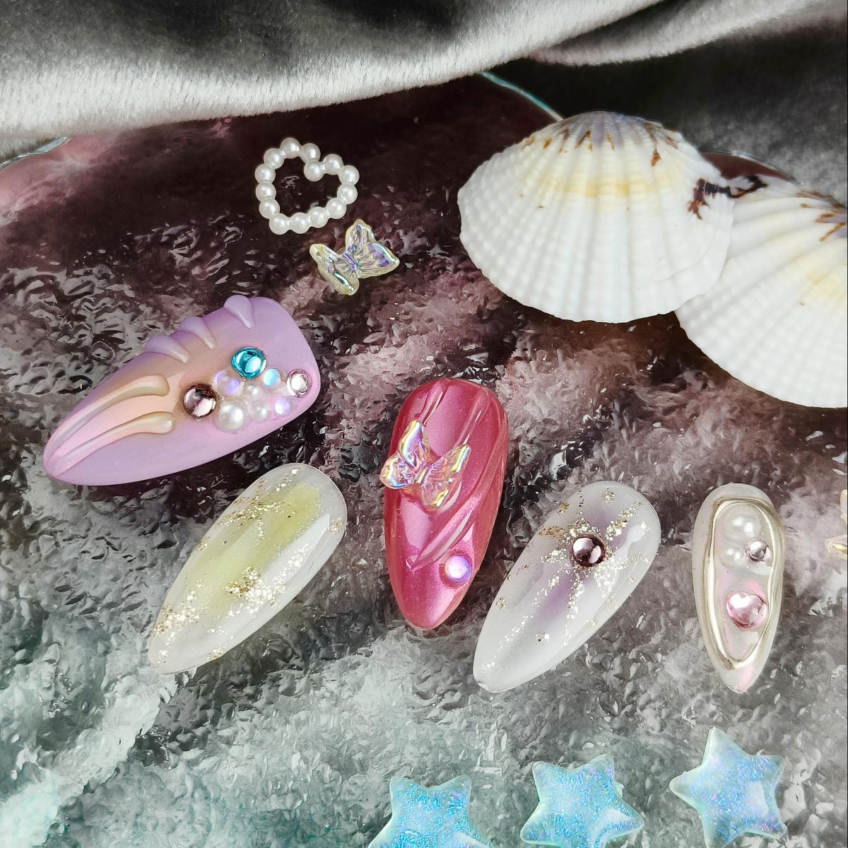 10pcs Handmade Press-on nails Medium Almond Nails Bundle Handraw 3D Ocean Collection Colorful Diamond Finished nail stickers Free storage box jelly gl