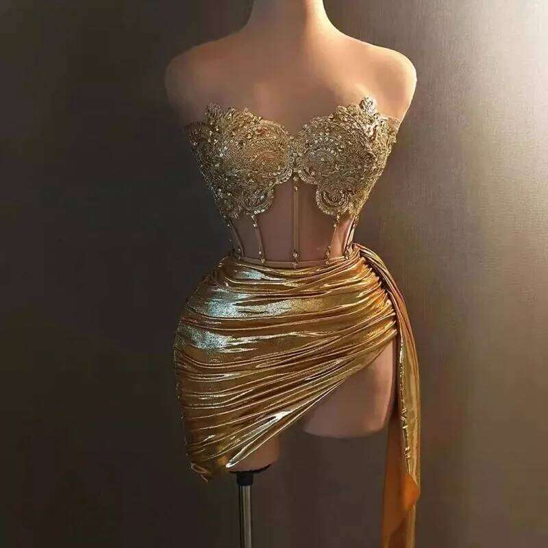 GC New Fashionable Sexy Strapless Rhinestone Chain Waist-Fitted Mini Fashion Dress For Bar Nightclub Performances