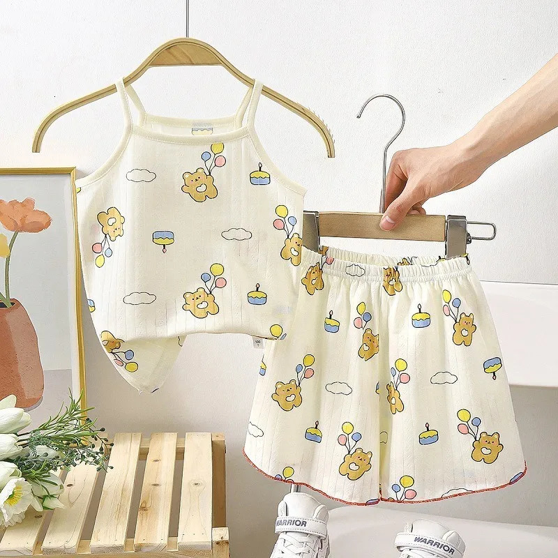 Children Suspender Set Summer Girls Cotton Pajamas Vest Shorts Cartoon Sleeveless Cute Soft Sleepwear Cherry Print 2PCSSet 250527