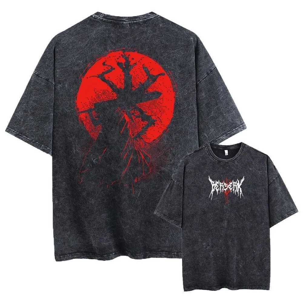 Anime Berserk Guts Acid T-shirt Retro Vintage Washed Graphic Tees Men Harajuku Cotton Casual Short Sleeve T-shirt Tops Unisex Z250527