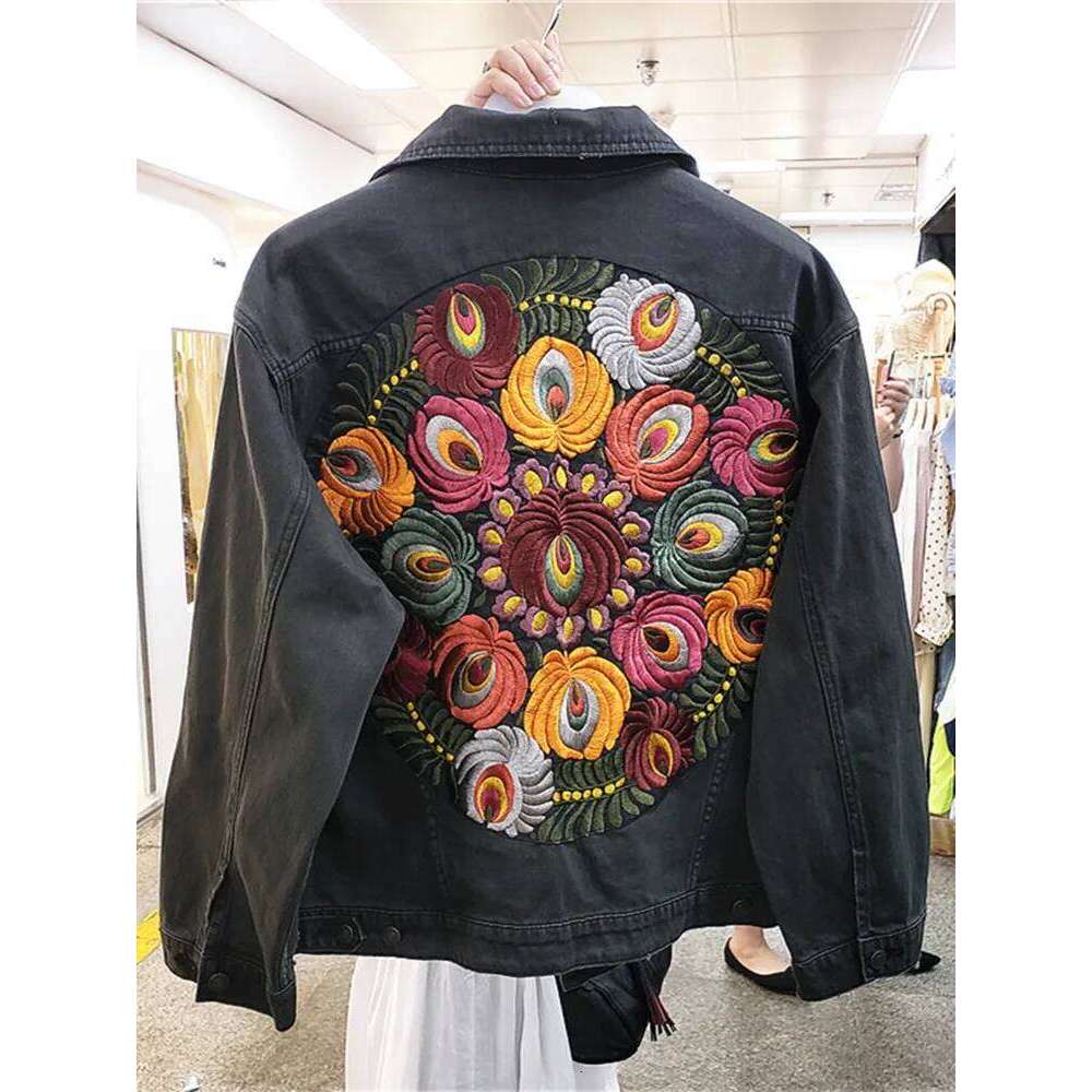Haruku Fashion Oversized Multicolor Floral Embroidery Denim Jacket Women Cotton Long Sleeve Loose Pocket Black Jean Outwear