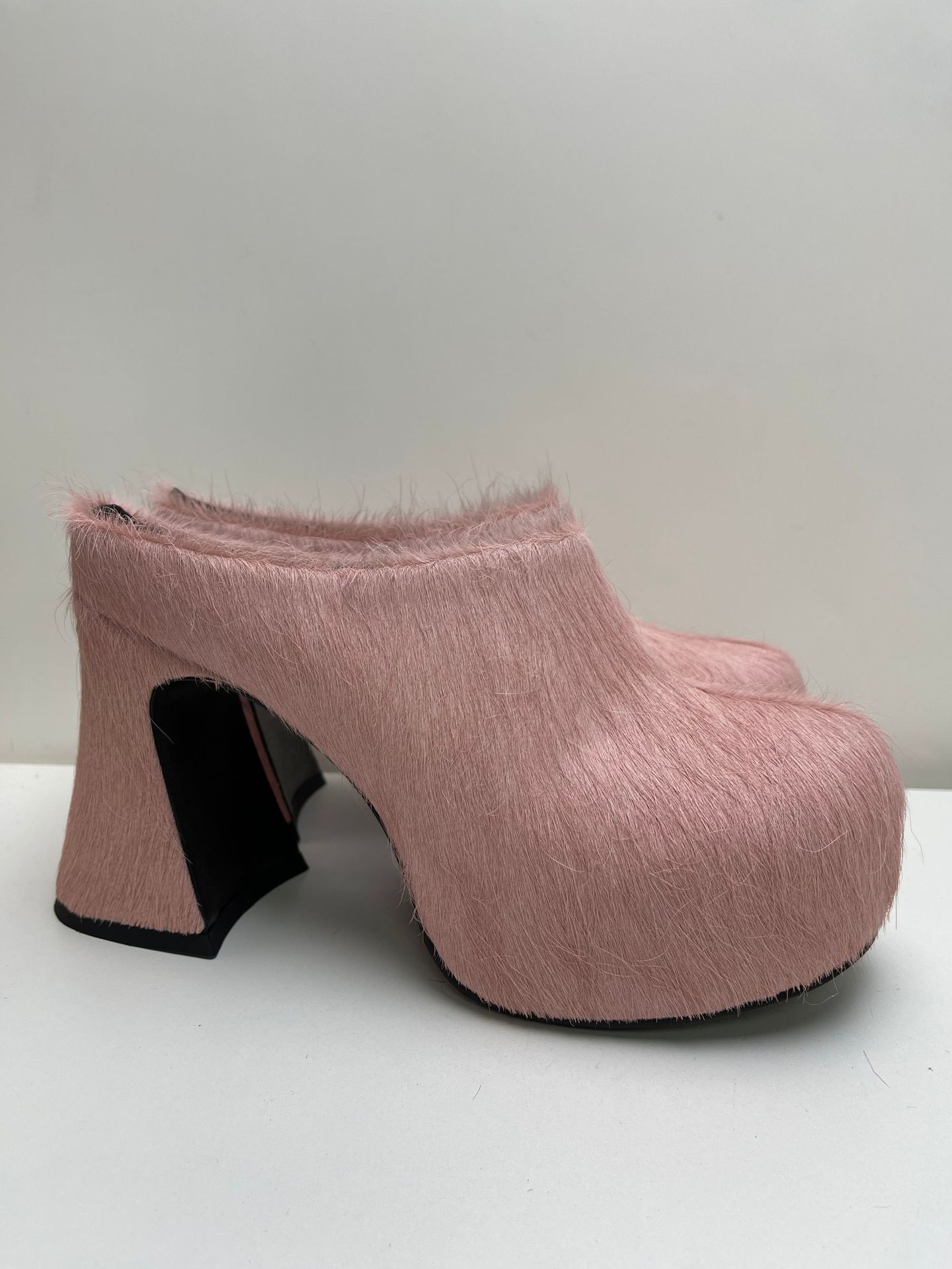 Rose Red Round Toe Horse Hair Hoof Heel Slippers Thick Bottom High Heel Platform Trendy Women's Shoes Spring Mules Large Size