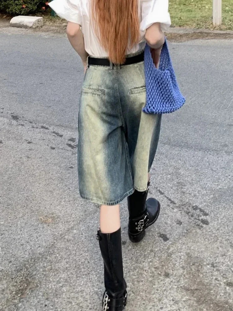 Summer Women Retro Nostalgic Washed Denim Straight Leg Shorts Fashion Street Wear Loose Fitting Womens Versatile Jeans 250516Z