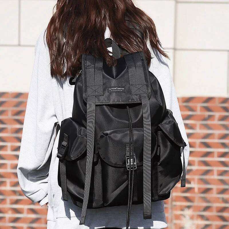 Tactical Techwear Hip Hop Backpack Men Women Outdoor Casual Motorcycle Waterproof Ribbons Drawstring School Bags Mochila