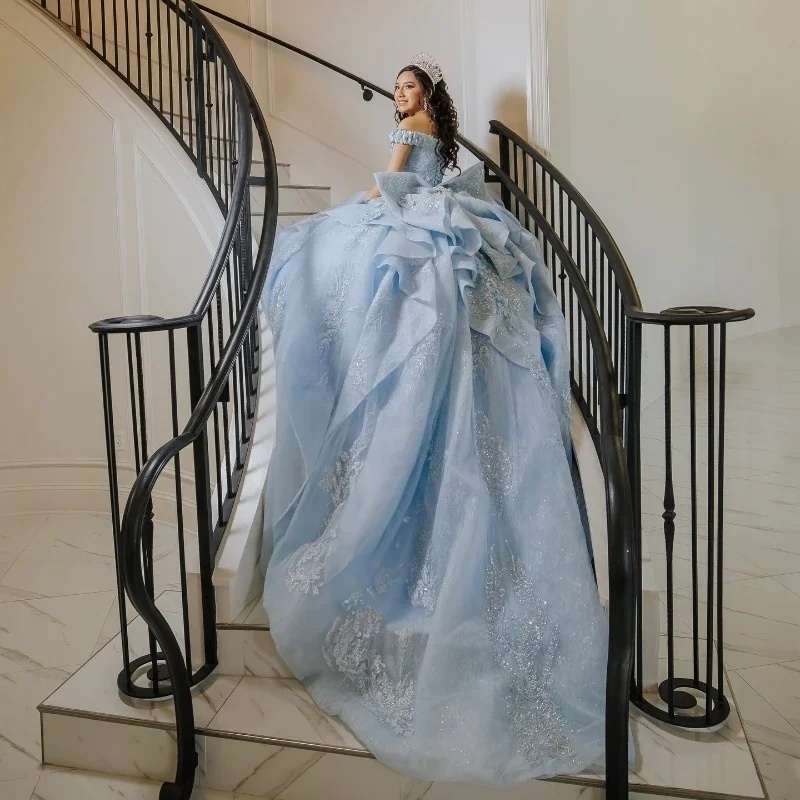 Light Sky Bule Ball Gown Princess Quinceanera Dresses With Luxury Lace Appliques Corset Sweet 16 Dress Bow Back Vestidos De 15 Anos