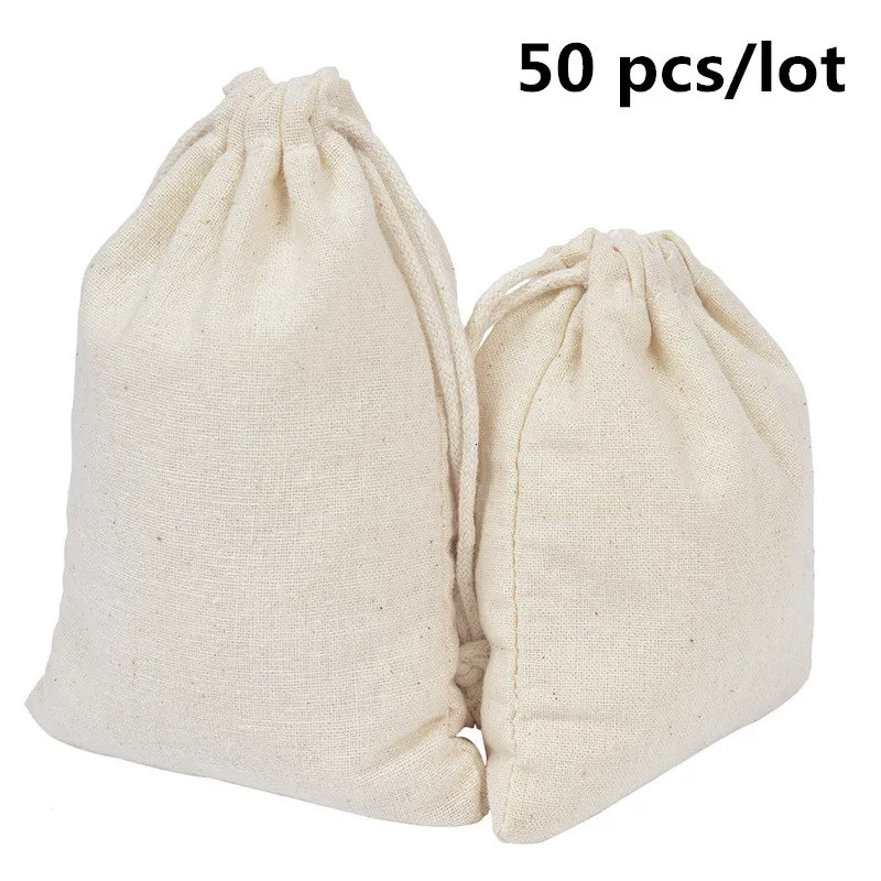 50 Pcs/Lot Cotton Drawstring Storage Bags Christms Wedding Gift DIY Plain Pouch Reusable Home Organize Dustbag 8x10 10x12 10x15 250526