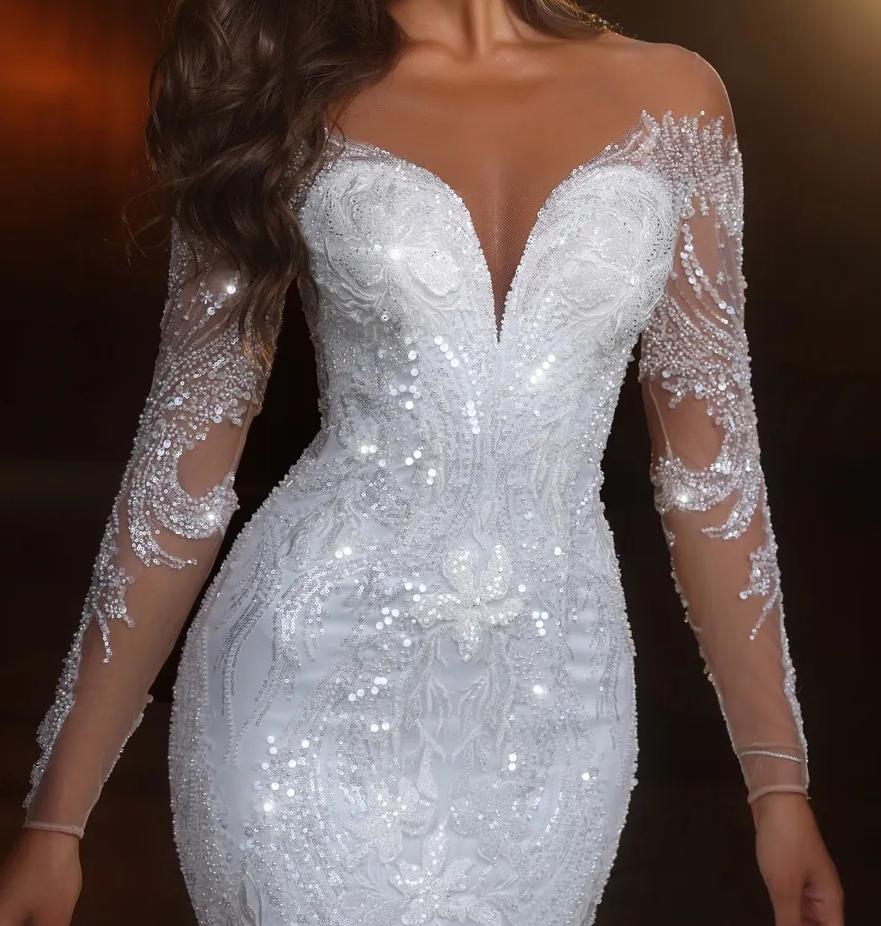 Customized Mermaid Wedding Dresses Sheer Long Sleeve Lace Appliqued Crystal Sequined Gorgeous Bridal Gowns Sweep Train robes de mariee
