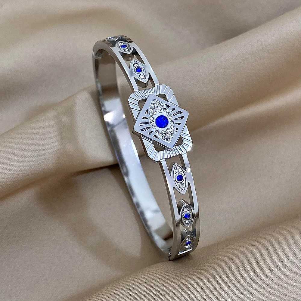 Greatera Turkish Evil Eye Stainless Steel Bangles Bracelets for Women Silver Color Rhinestone Cuff Bracelet Waterproof Jewelry W250526