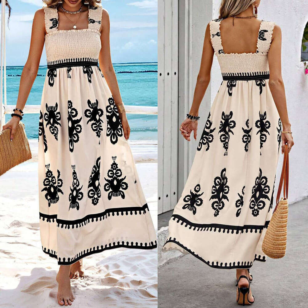 2025 New Women's Beach Vacation Style Printed Strapless Dress