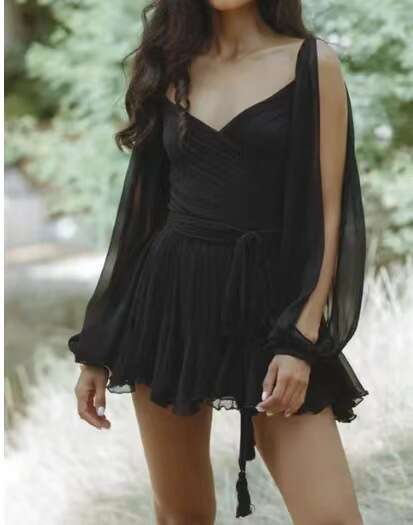 2025 Spring Women's Sexy Hot Girl Hollow Lantern Sleeve V-neck Off-shoulder Short Dress