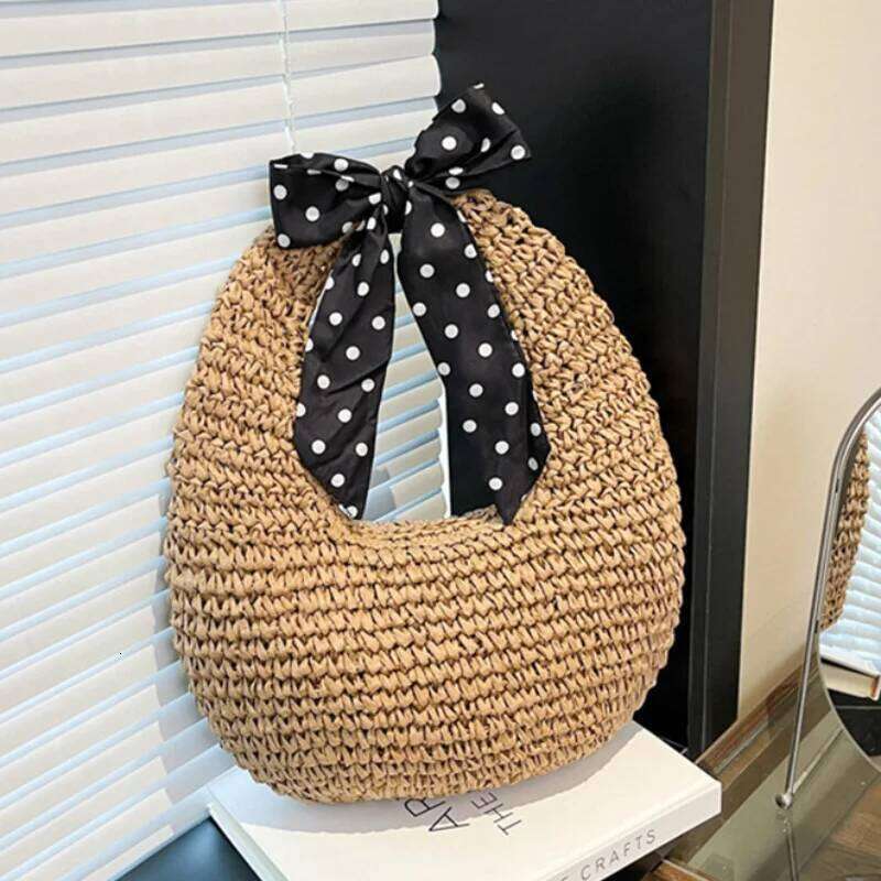 Women's Bags Designer Bird's Nest Beach Simple Bow Handle Straw Handbag Seaside Vacation Woven Versatile Hand-Held Shoulder Bucket Bag