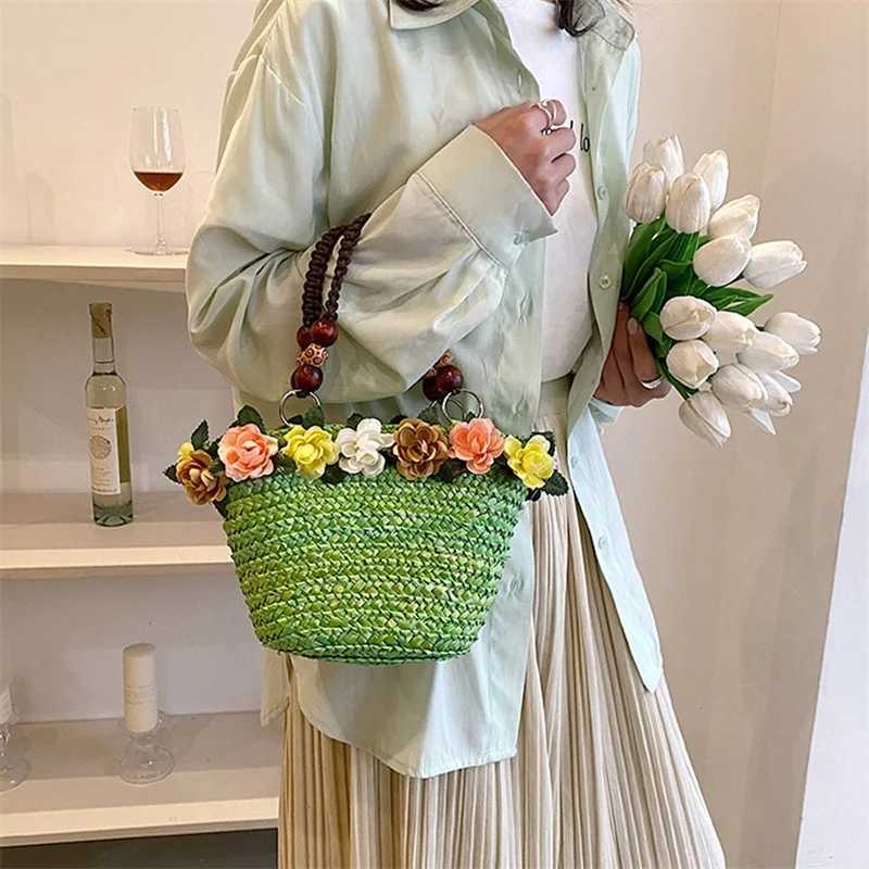 Women Summer Small Tote Purse 3D Flower Woven Handbag Straw Beach Bag Clutch Purse W250527