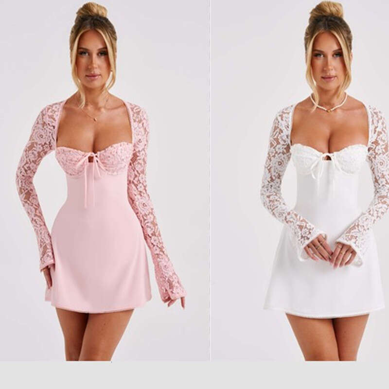 2025 Autumn Winter New Sexy Lace Long Sleeve Dress Backless Tie
