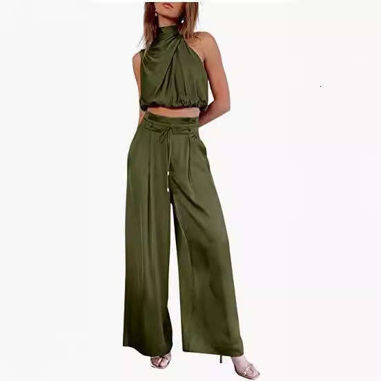 2025 New Women's Two-Piece Set Summer Casual Sleeveless Turtleneck Crop Top Wide-Leg Pants