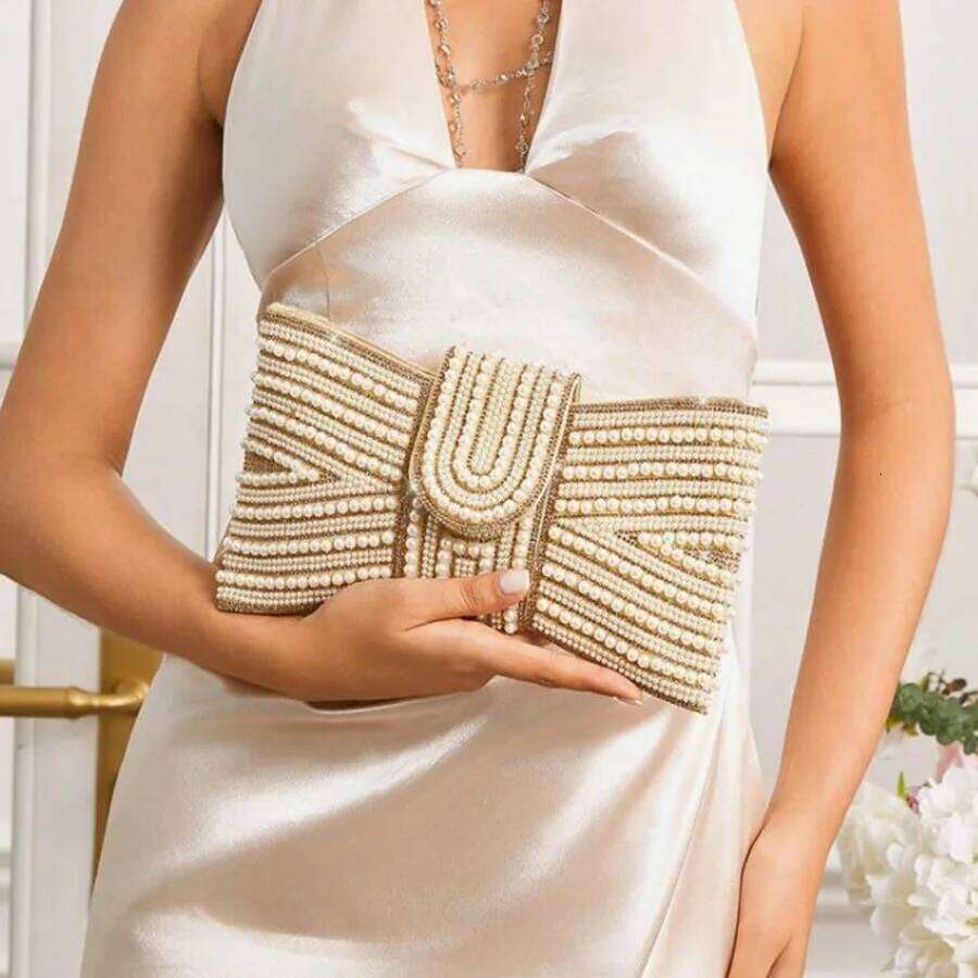 2025 Elegant Beaded White Bow Tie Clutch Bag For Women|Wedding Party Evening Purse|Sparkling Rhinestone Handbag|