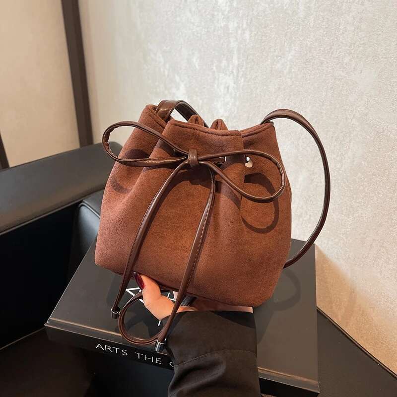 Women Faux Suede Bucket Fashion Tote Large Capacity Trendy Satchel Solid Color Drawstring Shoulder Chic Hobo Bag