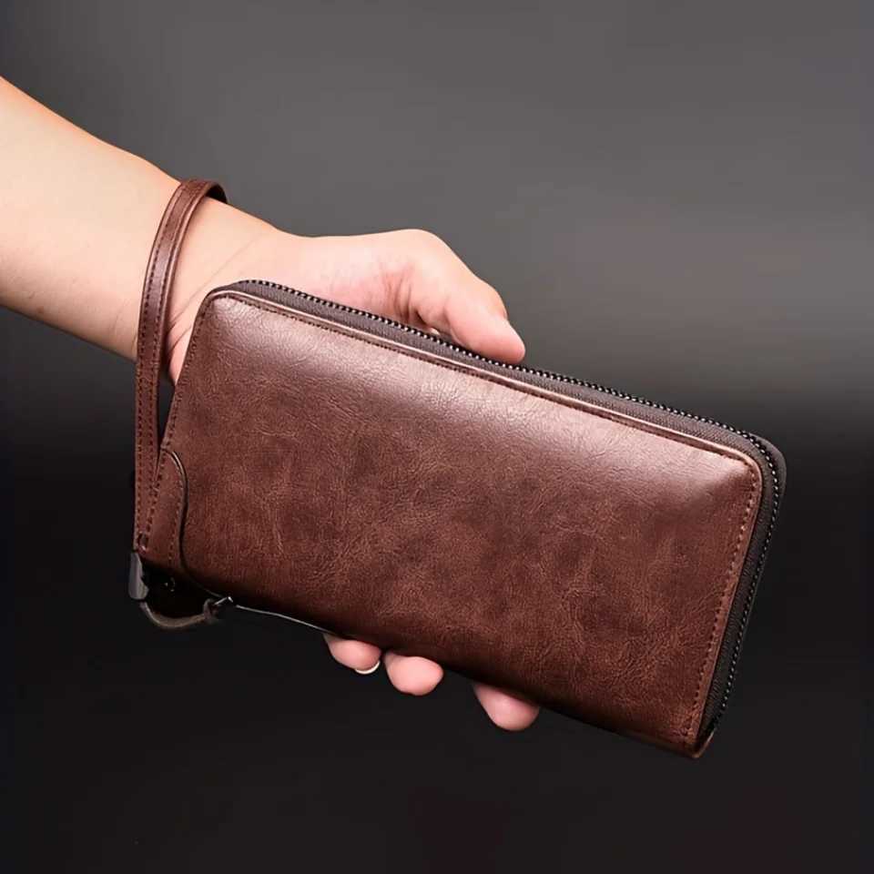 Classy Long Secure Zipper Mens RFID Blocking PU Leather Wallet - Solid Black Color Perfect for Business and as Card Holder Z250527