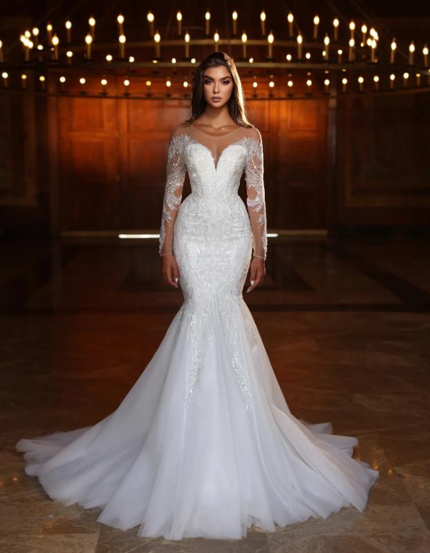 Customized Mermaid Wedding Dresses Sheer Long Sleeve Lace Appliqued Crystal Sequined Gorgeous Bridal Gowns Sweep Train robes de mariee