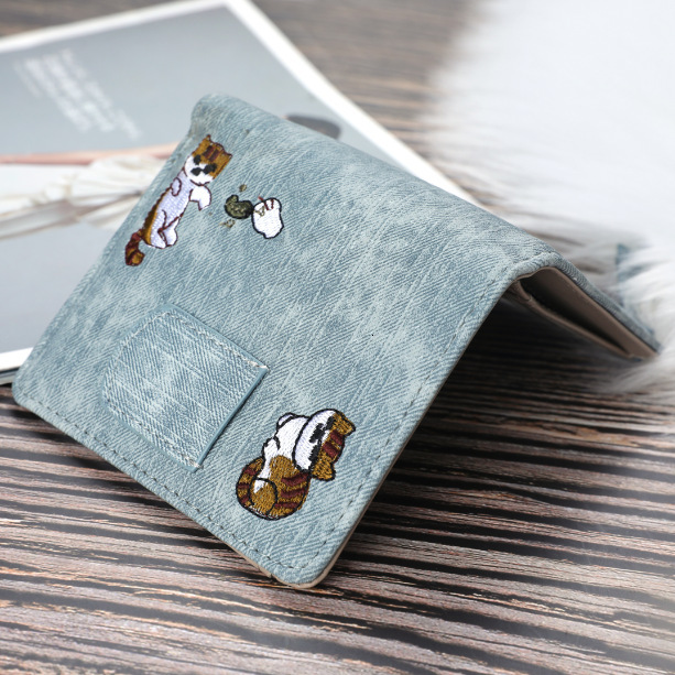 Free Shipping Designer Wallet Jeans Style Cat Embroidered Business Card Holder Canvas Pattern Large Capacity Buckle Phone Bag Coin Strap