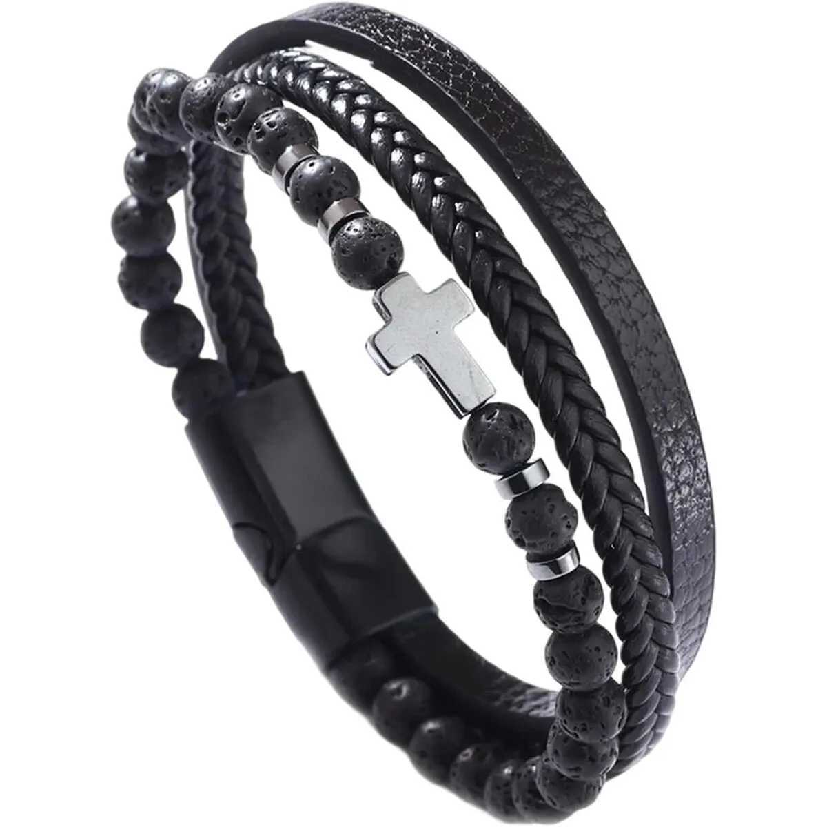 Cross Bracelet Men Multi-Strand Woven Bangle Cuff Wristband Or Birthday Gift for Him W250526