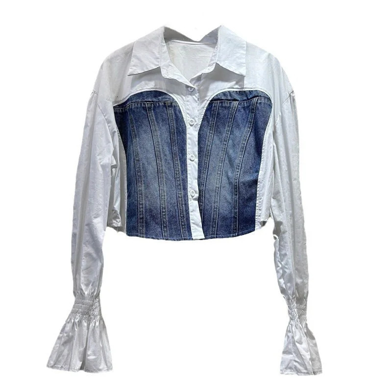 WTHT Trendy Fashion Womens Patchwork Denim n Short Shirt 2025 Spring Flare Long Sleeve Blouse Female 1LS697 250523