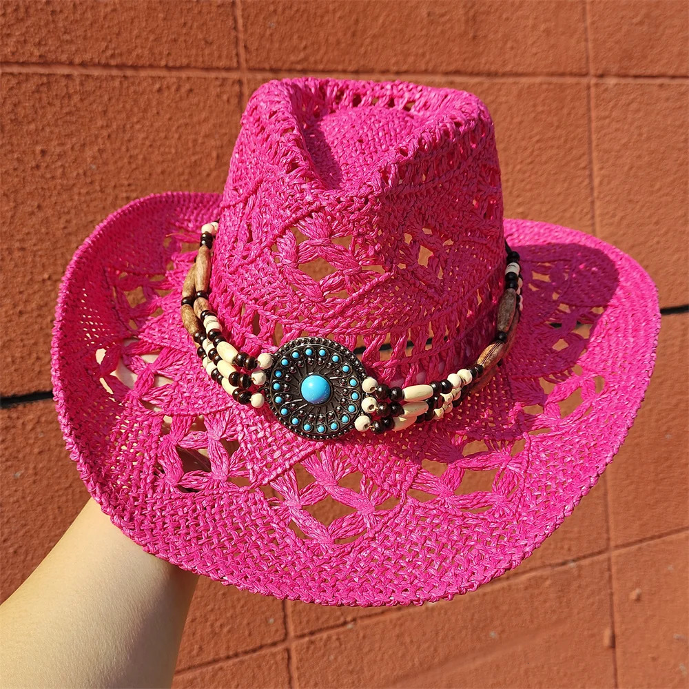 Western Cowboy Straw Hat for Men and Women Hollowing Out Summer Sun Beach Hat Protection Outdoor Fishing Climbing Retro Cap 250526