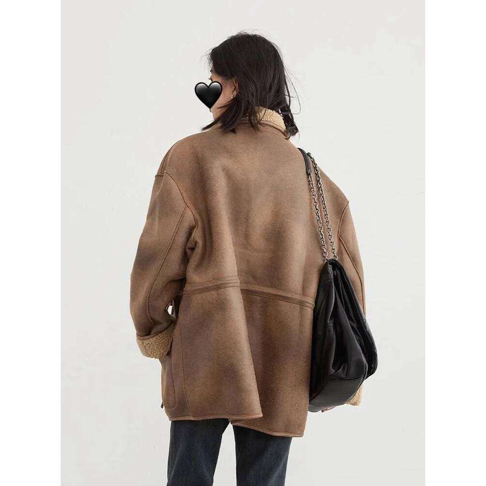 Reddachic Korean Reversible Bomber Jacket Women Work Casual Drawstring Brown Leather Fleece Oversize Coat Retro Winter Outerwear