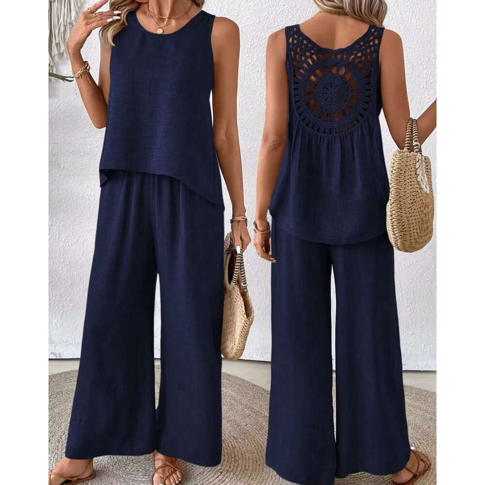 2025 New Summer Sleeveless Solid Color Backless Lace Trim Set Women's Fashion